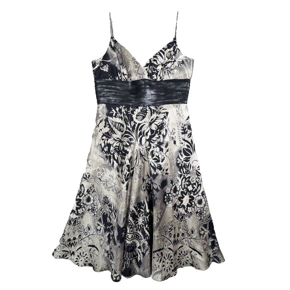 Carmen Marc Valvo Dress Womens 6 Black Silver Floral Silk Sip Dress Sequin Party - Picture 1 of 10